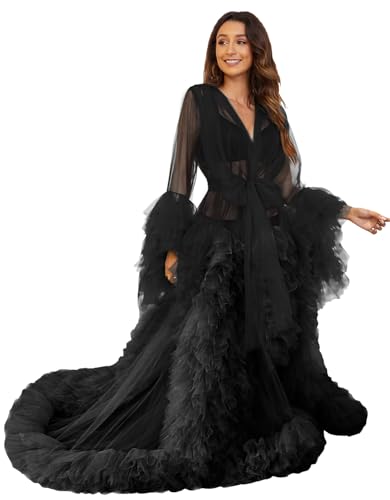 Image of BATHGOWN Sexy Illusion Long Lingerie Tulle Robe Nightgown Bathrobe Sleepwear Bridal Robe Wedding Scarf