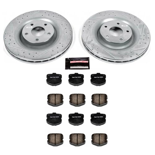 Image of PowerStop Front Brake Kit for Chevrolet Corvette 2006-13 - Drilled and Slotted Disc Rotors with Carbon-Fiber Ceramic Brake Pads Replacement, K1444