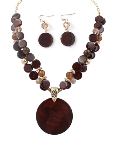 Xalroco Layered Beads Statement Necklace for Women Big Colorful Glass Stone Circle Shell Pendant Necklace and Earring Set for Women (Brown)