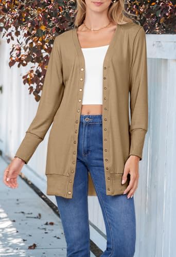 Merokeety MKCARDIGANS08-KHAKI-M Women'S 2024 Fall Long Sleeve Snap Button Down Solid Color Knit Ribbed Neckline Cardigans thumb #3