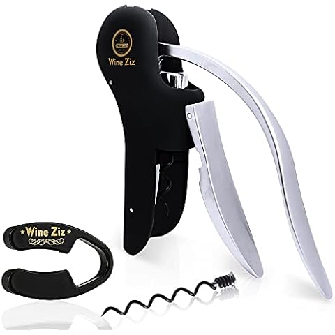 Wine Ziz Black Screw-pull Lever Corkscrew Wine Bottle Opener Set with Bonus Foil Cutter Tool and Extra Spare Corkscrew Spiral, Heavy-Duty Metal Manual Cork Screw, Best Wine Gift Kit (Silver) Cover