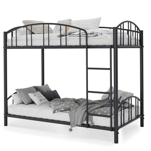 Garvee Bunk Bed Twin Over Twin with Ladder and Arched Guardrail, Heavy Duty Bunkbeds Frame with Sturdy Steel Slats Support for Kids Boys Girls, Space-Saving, No Box Spring Needed, Black