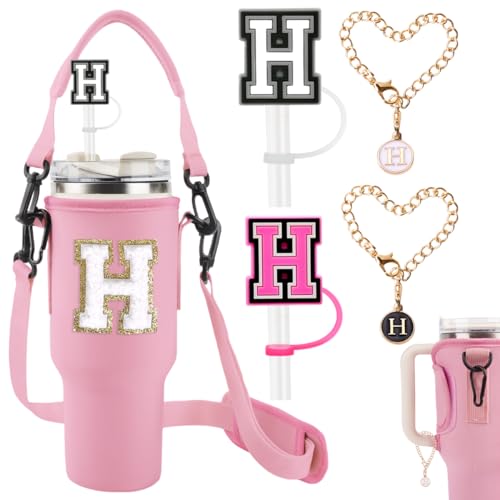 XSUIOY Initial Water Bottle Carrier with Strap for Stanley 40 oz Tumbler,Personalized Cup Holder with 2 Straw Topper Cover&2 Letter Charm for Stanley Cup Accessories(pinkH)
