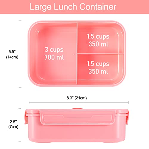 Caperci Classic Bento Box Adult Lunch Box for Older Kids - Leakpoof 47 oz 3-Compartment Lunch Containers for Adults and Teens, Built-in Utensil Set, Ideal for On-the-Go Balanced Eating, Pink - Image 3
