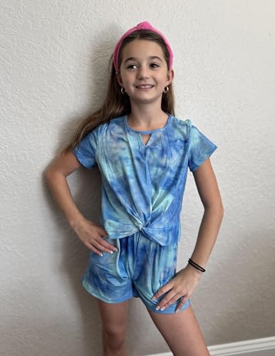 Image of Arshiner Girls Summer 2 Piece Outfits Tie Dye Short Sets Casual Twist Front Short Sleeve Tops and Pant with Pockets