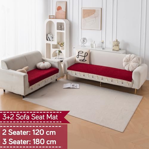 Image of HOKIPO 'Serenity Tassel' Chenille Sofa Cover 3 Seater and 2 Seater with Tassels | Crimson Ruby (IN-891 + IN-892 - MRN)