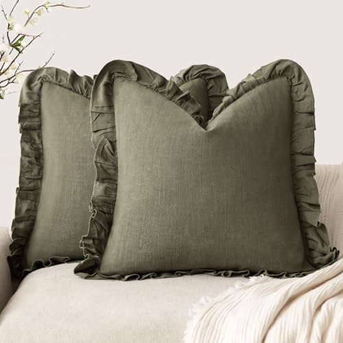 Image of Foindtower Set of 2 Decorative Soild Fringe Ruffle Throw Pillow Covers Soft Boho Farmhouse Cushion Cover Cozy Accent Retro Pillowcase for Couch Sofa Bed Living Room Home Decor,18x18 Inch,Olive Green