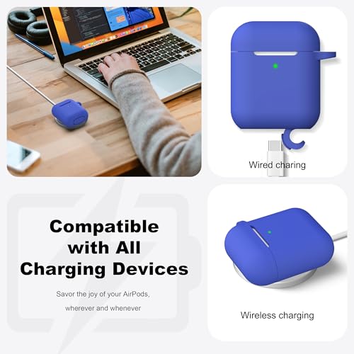 Image of AirPods Case Cover with Keychain, Full Protective Silicone AirPods Accessories Skin Cover for Women Girl with Apple AirPods Wireless Charging Case,Front LED Visible-Blue