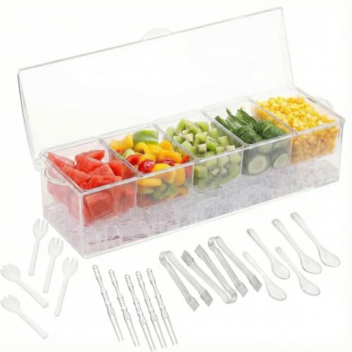COSVELLA Ice Chilled Condiment Server with Lids – Includes 19 Serving Accessories (Tongs, Spoons, Forks) – 5 Compartment Fruit & Veggie Tray for Parties, Taco Bar, Picnics & Outdoor Entertaining