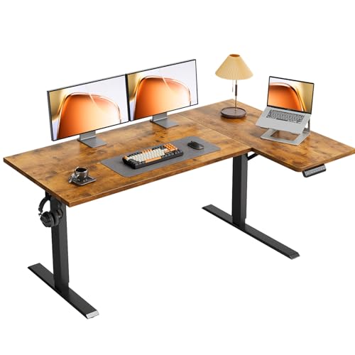 OffiGo 55 Inch Reversible L Shaped Electric Standing Desk, Rustic Brown