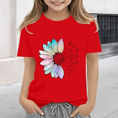 Girls Loose Fit Sunflower Graphic T Shirts Short Sleeve Crewneck Cute Pattern Printed Tops Kids (A-Red, 8-9 Years)4