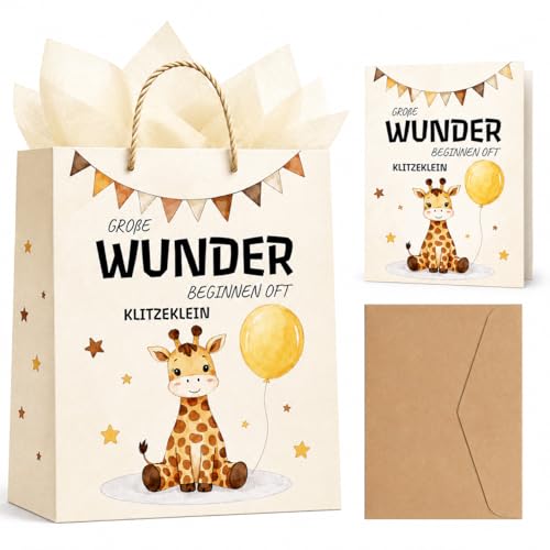 JOVYTH Sac Cadeau avec Carte de Vœux Naissance, Pochette en Papier Girafe avec Texte en Allemand, Kit Emballage pour Cadeau Baby Shower Unisexe et Premier Anniversaire, 4 Pièces