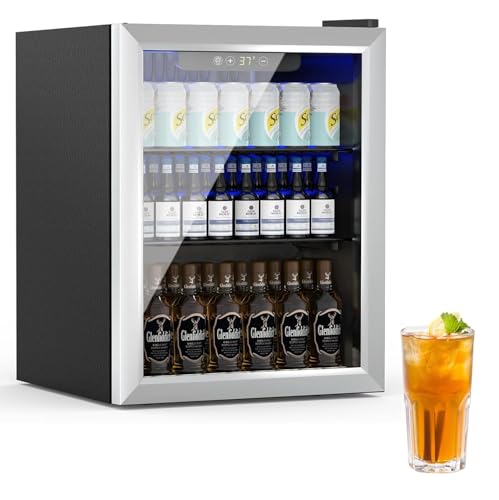 Image of Erivess Compact Beverage Refrigerator, 76 Can /1.7 Cu Ft Mini Fridge, Silver | Adjustable Shelves & Digital Display Small Fridge for Soda, Under Counter Freestanding Glass Door Mini Cooler for Home