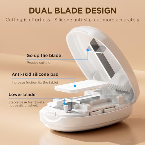 Image of Pill Cutter Splitter for Small and Tiny Pills, 1 /2 1 /4 Pill Splitter for Small Pills,Vitamins, Tablets in Half or Quarters, Accurate and Easy Cutting, Stainless Steel Blade, Back Storage (White)