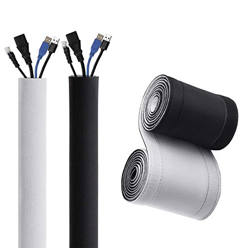 Gaine de rangement de câbles en néoprène souple de 10 cm de large pour bureau, TV, ordinateur, noir et blanc réversible (diamètre intérieur de 2,5 cm) (1,5 m)