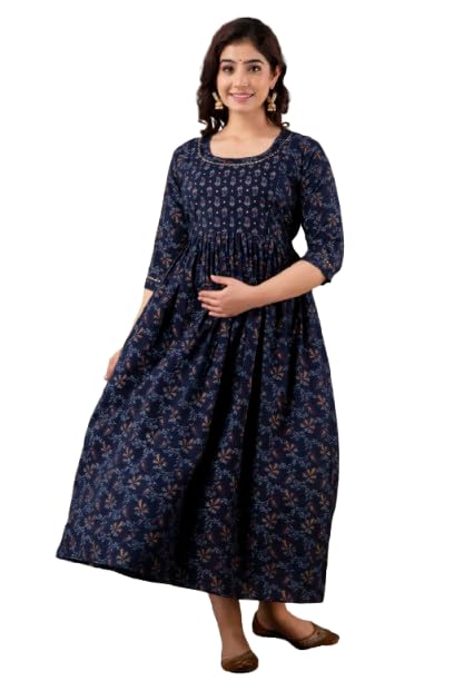 Women Printed Maternity Feeding Dress | Soft Cotton Blend Nursing Kurti with Hidden Zip | Stylish Pregnancy & Breastfeeding Dress for Everyday Wear-image-2