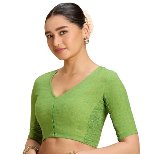 Image of Studio Shringaar Women's Thick Handloom Cotton Plain Side Stretch (Smocked) Readymade Saree Blouse