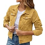 Denim Jacket For Women Lightweight Fitted Lapel Button Down Cropped Jean Jackets Fashion Long Sleeve Candy Color Trucker Denim Jacket Classic Butterfly Jean With Pockets(Earthy Yellow,L)