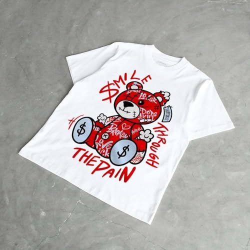 Image of DopeSkill Graphic Tee Cherry 11s Red Streetwear Hip Hop Men's T-Shirt Sneaker Colour Matching Shirts Smile Through The Pain (White - M), Medium