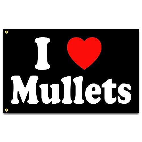 I Love Mullets Flag 3x5 Ft Funny Man Cave Wall I Heart Mullets Flag for Room Teen Girls Indoor Outdoor Bedroom and College Dorm Wall Decor Banner Tapestry Gifts