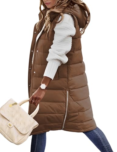 Long puffer vest for women with hooded design