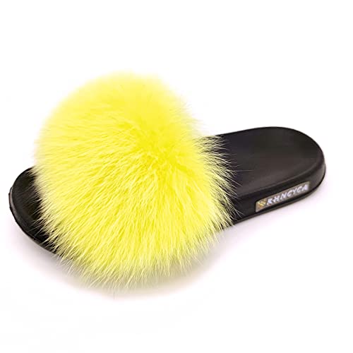 Real Fox Fur Slides for Women Open Toe Cute Furry Fur Slippers Indoor or Outdoor faux Fur Slide Sandals with Fluffy Fur and Soft Sole