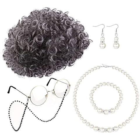 MILACOLATO Old Lady Costume Set Old Lady Wig Grandma Wig White Grey Black Granny Wig Cap Bead Chain Cords Artificial Pearl Necklace Bracelet Earrings Adult Fancy Dress Accessories Fits All, 7 Pierce Cover
