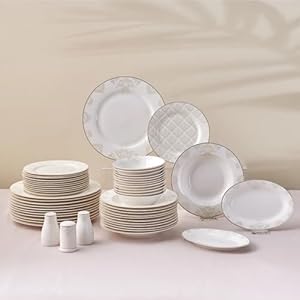 Karaca Siena Porcelain Plates and Bowls Set with Dinner & Dessert Plates, Salt & Pepper Shakers – Bone China Dishware Sets – Kitchen Dinnerware Set for 12 People (53-Piece, White Dish Set)