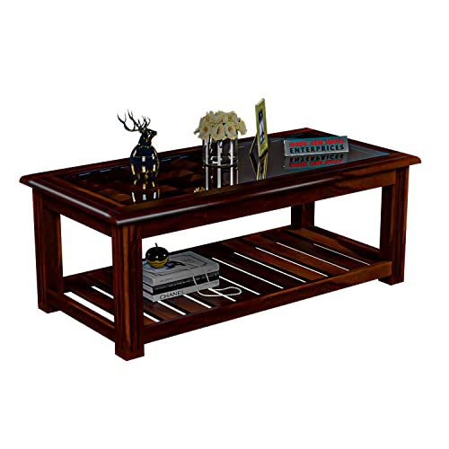 Image of Sheesham Wooden Centre Table with Storage Shelf for Living Room with Glass Top - Solid Wooden Coffee Table - Teapoy, Tea Table, Sofa Table & Center Table (Ariston Walnut)