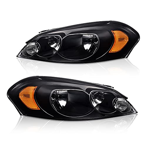 CNNELL Headlights Assembly Compatible with 2006 2007 2008 2009 2010 2011 2012 2013 Chevy Impala, Compatible with 2014 2015 2016 Chevy Impala Limited 2pc(F Clear lens Black Housing Amber Reflector)
