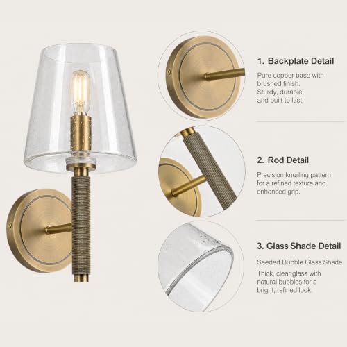 Image of 12 inch Knurled Brass Wall Sconce with Clear Seeded Glass Shade,Vintage Wall Light Fixture, Gold Bathroom Vanity Light, Hardwired Dimmable Wall Lamp for Bedroom Living Room Hallway Entryway