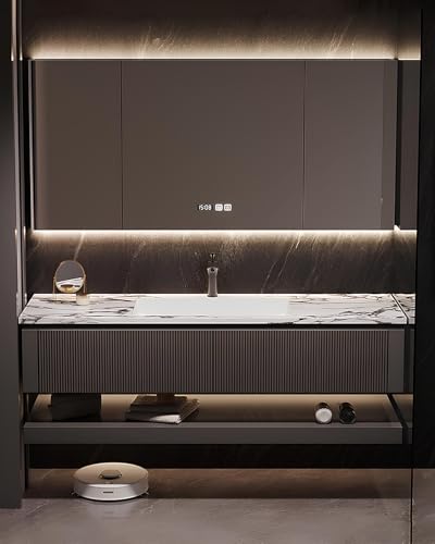 JINSHAWAN Mueble de baño con Lavabo, Mueble de Lavabo, Armario con Espejo LED, Madera Maciza Multicapa, Gran Espacio de Almacenamiento, Adecuado para baño