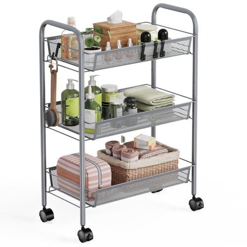 WELDUN Carrito de almacenamiento de 3 niveles, carrito rodante, carrito de almacenamiento de malla, carrito de baño de metal, portátil, estable y fácil de instalar, carrito de almacenamiento para