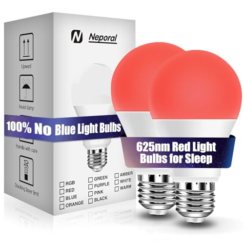 Neporal 625nm Red Light Bulbs for Sleep, 100% Blue Light Blocking Light Bulb, 9W Red Light Bulb for Melatonin Promoting, A19 60W Equivalent Dim Light Bulbs for Bedroom, Baby Nursery,2 Pack