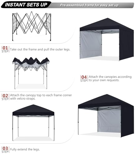 ABCCANOPY 3x3M Pop up Gazebo With Two Side Panels Upgraded Roller Bag, 4 Weight Bags, Stakes and Ropes (Black) - Image 4