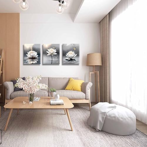 Image of Framed Zen Lotus Flower Wall Art,White Lotus and Butterfly Canvas Prints