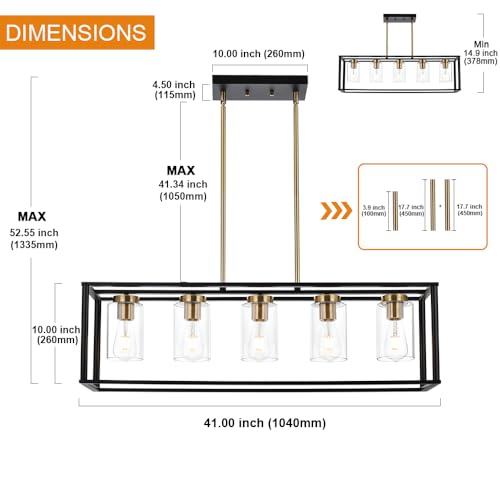 Image of Farmhouse Chandeliers for Kitchen Island with Clear Glass Shade Black and Brushed Brass 5 Light Dining Room Lighting Fixtures Hanging, Rectangle Pendant Lights Industrial Ceiling Light