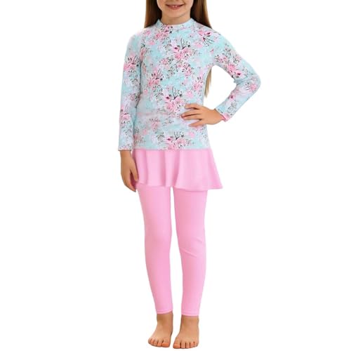 Girls Rash Guard Swimsuits Floral Print Long Sleeve 2 Piece Bathing Suit UPF 50+ Sun Protection Swimwear for 4-16 Years