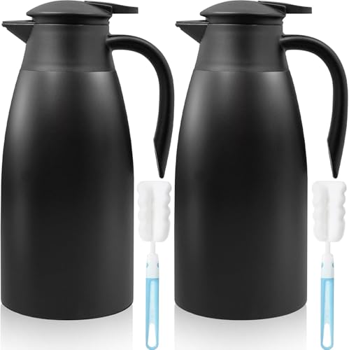 2 Pcs 2 Liter Thermal Coffee Carafe Insulated Stainless Steel Coffee Carafe for Hot Liquids Vacuum Thermal Pot Creamer Dispenser with Brushes Keeping Hot 12 Hours (Black)