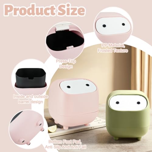 Image of Mini Trash Can, Cute Small Trash Can with Lid, Desktop Paper Bin with 90 of Bin Liners, Portable Tabletop Dustbin, Cartoon Animal Rubbish Storage for Office Bedroom Desk Car Kitchen(Green)