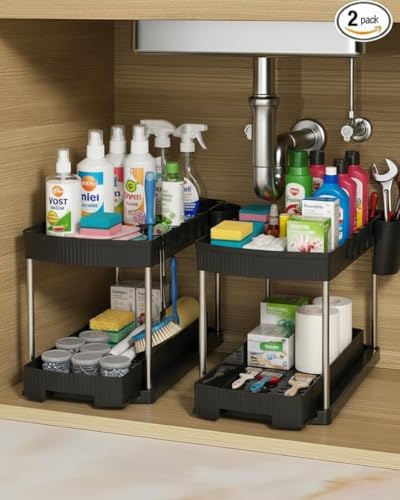 Image of HomeWiz Sink Organizer 2-Tier | Under Sink Storage Organizer | Kitchen Cabinet Organiser | Multipurpose For Kitchen & Bathroom | Plastic & Steel Frame | Space-Saving Storage Rack | 44x32x22 cm | Black