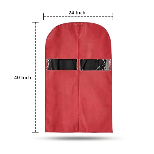 Image of Amazon Basics Non-Woven Suit, Coat, Jacket Cover | 120 GSM | Clear Window | Long Zip | 40 x 24 Inches | Pack of 5 (Maroon)