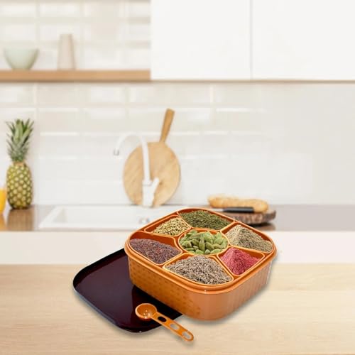 Image of Shuttle Art Multifunctional Plastic Square Shape 7 in 1 Classic Look Masala Rangoli Dabba Spice Box Set Ideal for Home and Kitchen (MULTICOLOR)