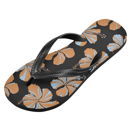 Maple Leaf Sketch Orange Hibiscus Flower Blossom Black Flip Flops for Beach Thong Sandals Anti-slip Lightweight Beach Shoes for Indoor Outdoor House2