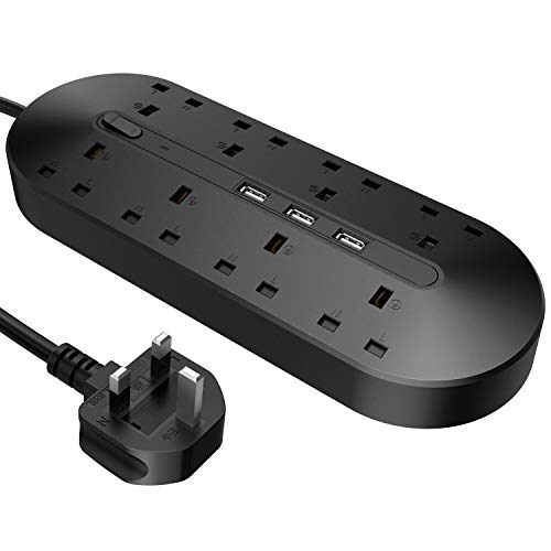 Power Extension Lead Built-in USB Port&On/Off Switch,Klearlook Power Strip 3 USB Ports 8 Way Socket 2 Meter Extension Lead 3Pin Plug Adapter Max.3000W with Surge Protected/Overload Protection-Black