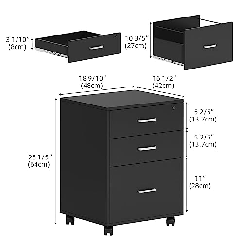 soges 3 Drawer Lockable Vertical File Cabinet Mobile Filing Cabinet on The Wheels, for Home Office,10CZSSFC04-1-5-CA (Black) - Image 4