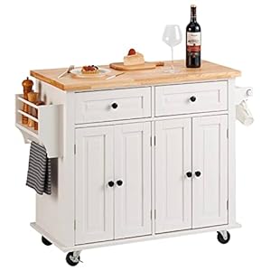VEVOR Kitchen Island Cart with Solid Wood Top, 35.4″ Width Mobile Carts with Storage Cabinet, Rolling Kitchen Table with Spice Rack, Towel Rack, and Drawer, Portable Islands on Wheels, White