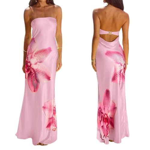 Image of Women Y2k Strapless Maxi Dress Floral Print Tube Long Dress Boho Beach Sundress Going Out Streetwear