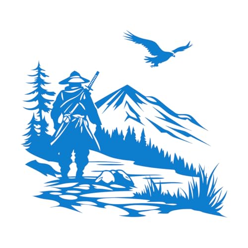 Fine Carving Decals Silhouetted Samurai Warrior with Sword Overlooking Mountain Landscape and Soaring Eagle 42x46.4cm Art Decoration Blue