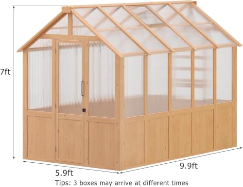 Image of EROMMY 6x10 FT Wooden Greenhouse for Outdoors, Walk-in Greenhouse Kit with 4mm Polycarbonate Panels, Adjustable Roof Vent, Lockable Door, Backyard Greenhouse for Plants and Vegetables